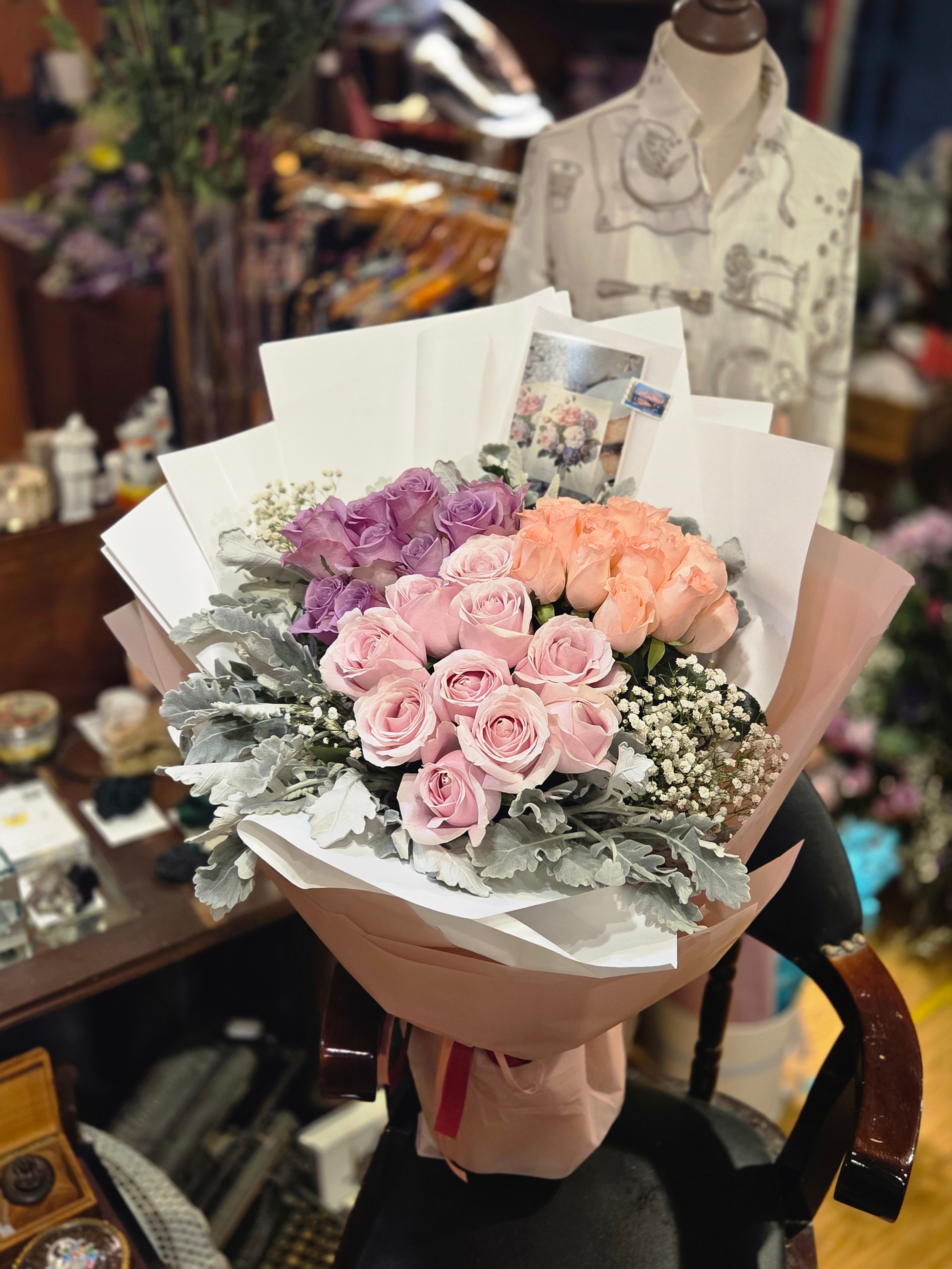 傳統粉紅紫色玫瑰心型花束 flo.35