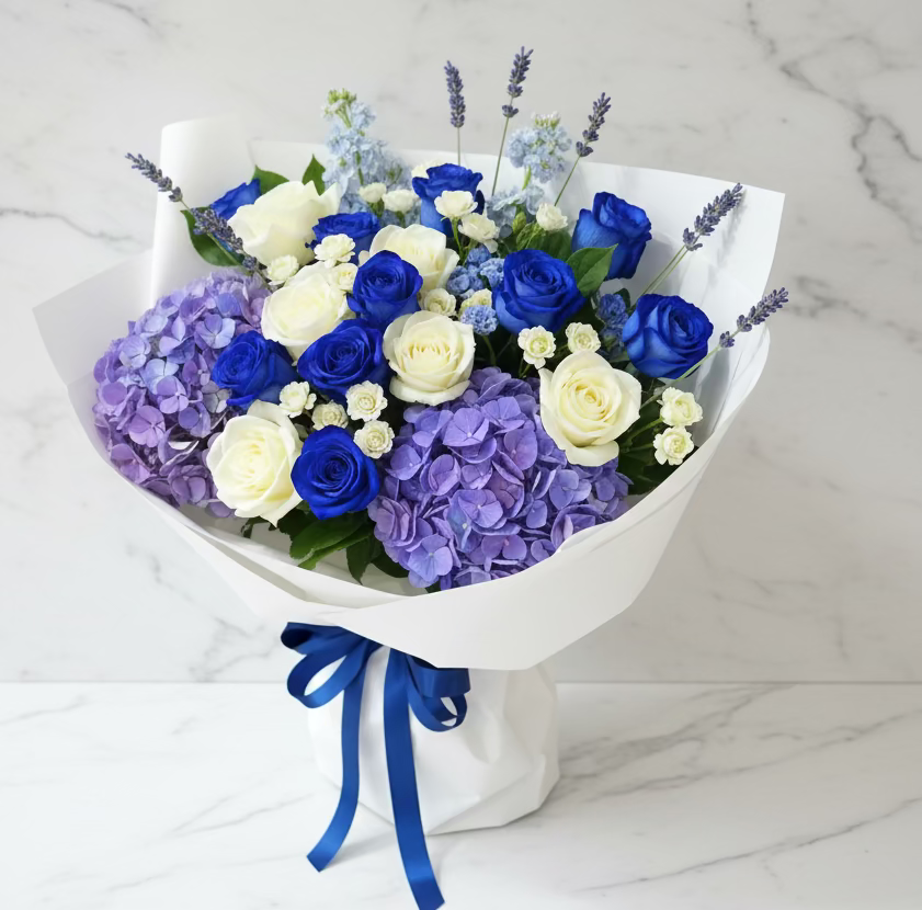 (藍色) 繡球花30支玫瑰花束 flo.40（歐洲明信片免費贈送 💌）
