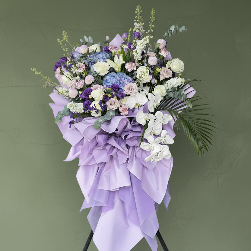 (紫色) 永恆的思念 B01   殯儀花籃, 帛事花籃, 企身花籃, 喪禮花籃 新款木架 : 約5-6呎高