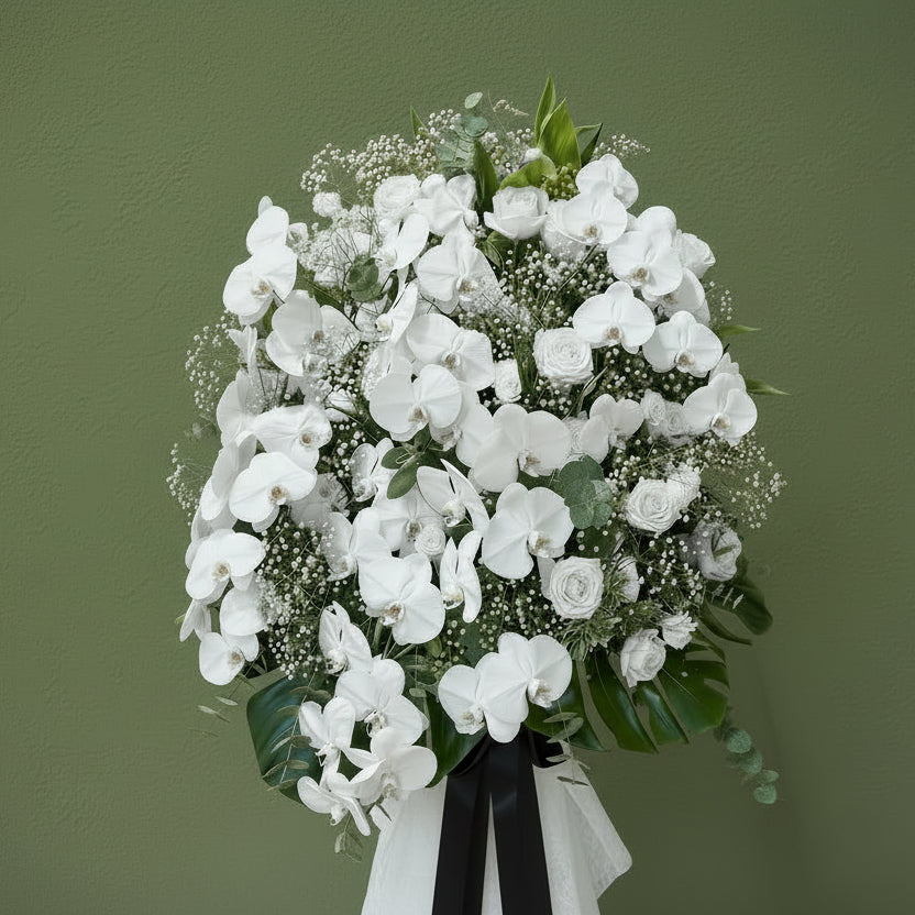 (蝴蝶蘭白玫瑰花籃) 追思花籃 B023 悼念花牌 喪禮花牌 殯儀帛事花牌 香港帛事花,  新款木架 : 6呎高