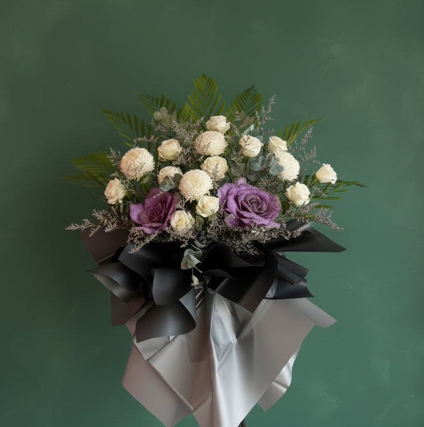 (紫色葉牡丹) 追思花籃 B05   殯儀花籃, 帛事花籃, 企身花籃, 喪禮花籃 新款木架 : 約5-6呎高