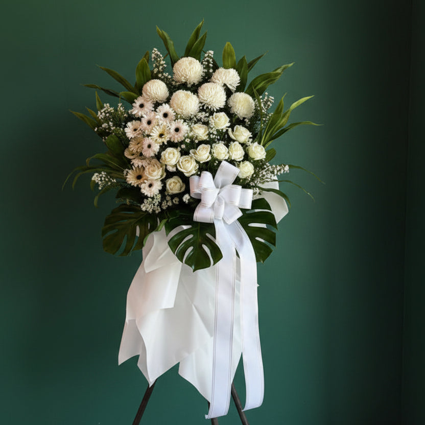 (白色玫瑰花 白太陽菊花) 追思花籃 B08  殯儀花籃, 帛事花籃, 喪事花籃, 經濟實惠 新款木架 : 約5-6呎高