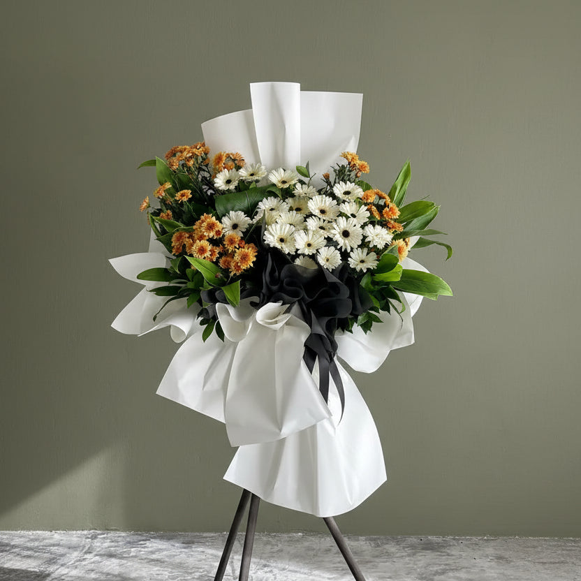 (白色太陽菊花 菊花) 追思花籃 B014  殯儀花籃, 帛事花籃, 哀思花籃, 經濟實惠 新款木架 : 約5-6呎高